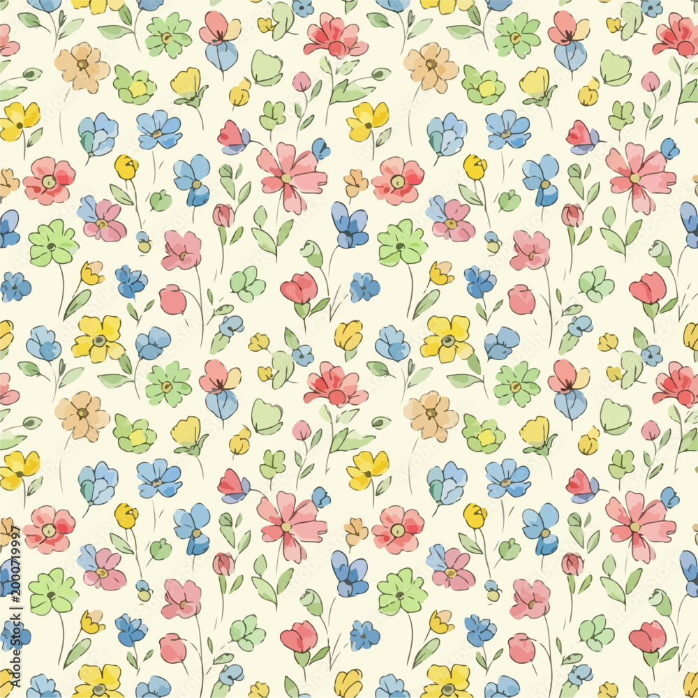 Fototapeta premium Subtle pastel floral background with tiny blossoms and leafy stems
