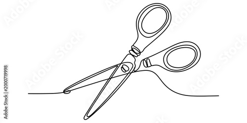 Continuous single line drawing of a pair of metal scissors cutting a piece of thin thread for craft and tailoring projects