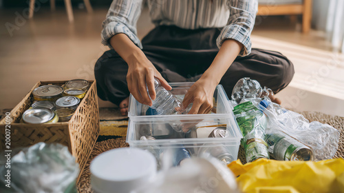 A person sorting various recyclables at home, promoting sustainability and waste management through organized recycling practices.