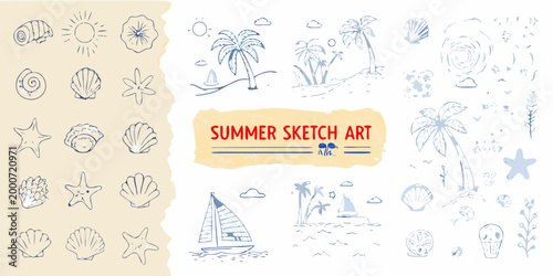 summer sketch art collection with shells stars palm trees and sailboats high quality professional detailed