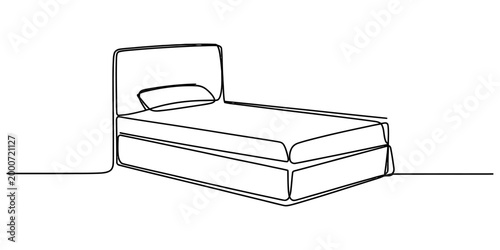 Single bed frame with pillow drawn in a continuous line art style for bedroom furniture and interior design concept