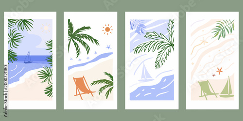 four minimalist summer themed cards with palm trees beach chairs and sailboats high quality professional