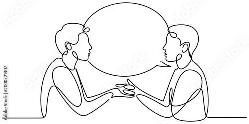 Two men talking to each other with a large speech bubble in a continuous single line drawing style