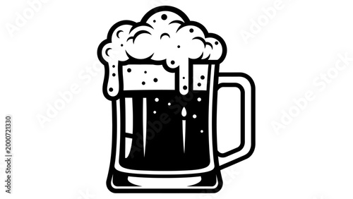 Black and white illustration of a frothy beer mug, isolated on white background.