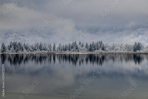 Snow, lake, trees, reflection, clouds, onset of winter, Kochel, Alpine foothills, Bavaria, Germany