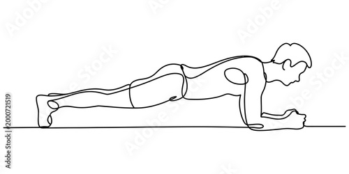 Continuous single line drawing of a man doing a plank exercise for core muscle strength and fitness training in a simple minimal black and white style