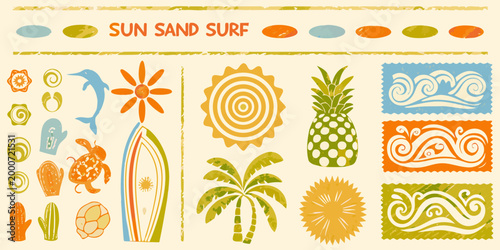 surfboard and tropical icons in retro beach style high quality professional detailed modern elegant stylish