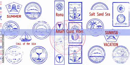 summer holiday stamps with beach scenes and text labels high quality professional detailed modern elegant
