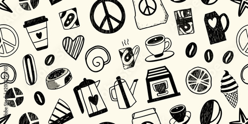 coffee themed doodle pattern with cups beans peace signs and hearts high quality professional detailed