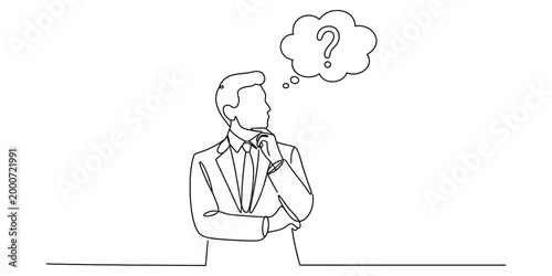 Continuous single line drawing of a businessman thinking with a question mark in a thought bubble representing business problem solving and strategy