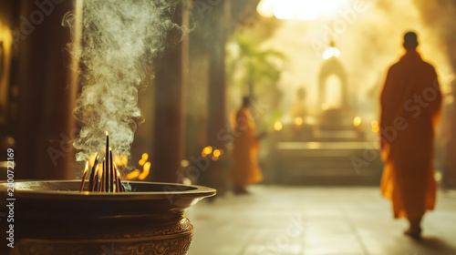 A serene temple scene featuring incense smoke rising, symbolizing spirituality and meditation within a tranquil atmosphere.