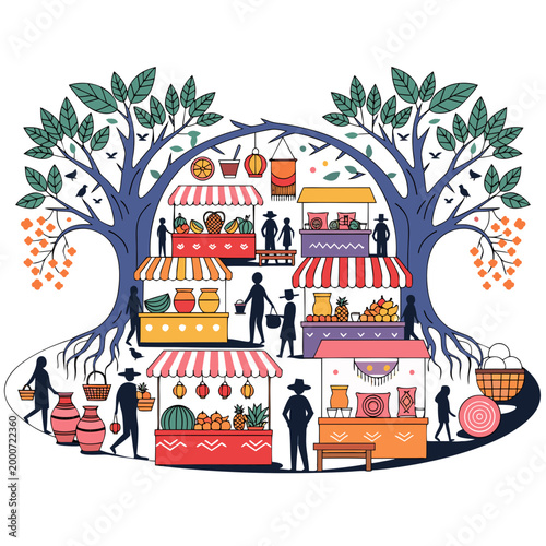 Vibrant market scene, tree rooted food stalls, colorful illustration, vector graphic