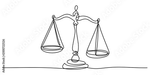 Continuous single line drawing of a legal justice scale representing balance and fairness in court law and judicial matters for professional legal work