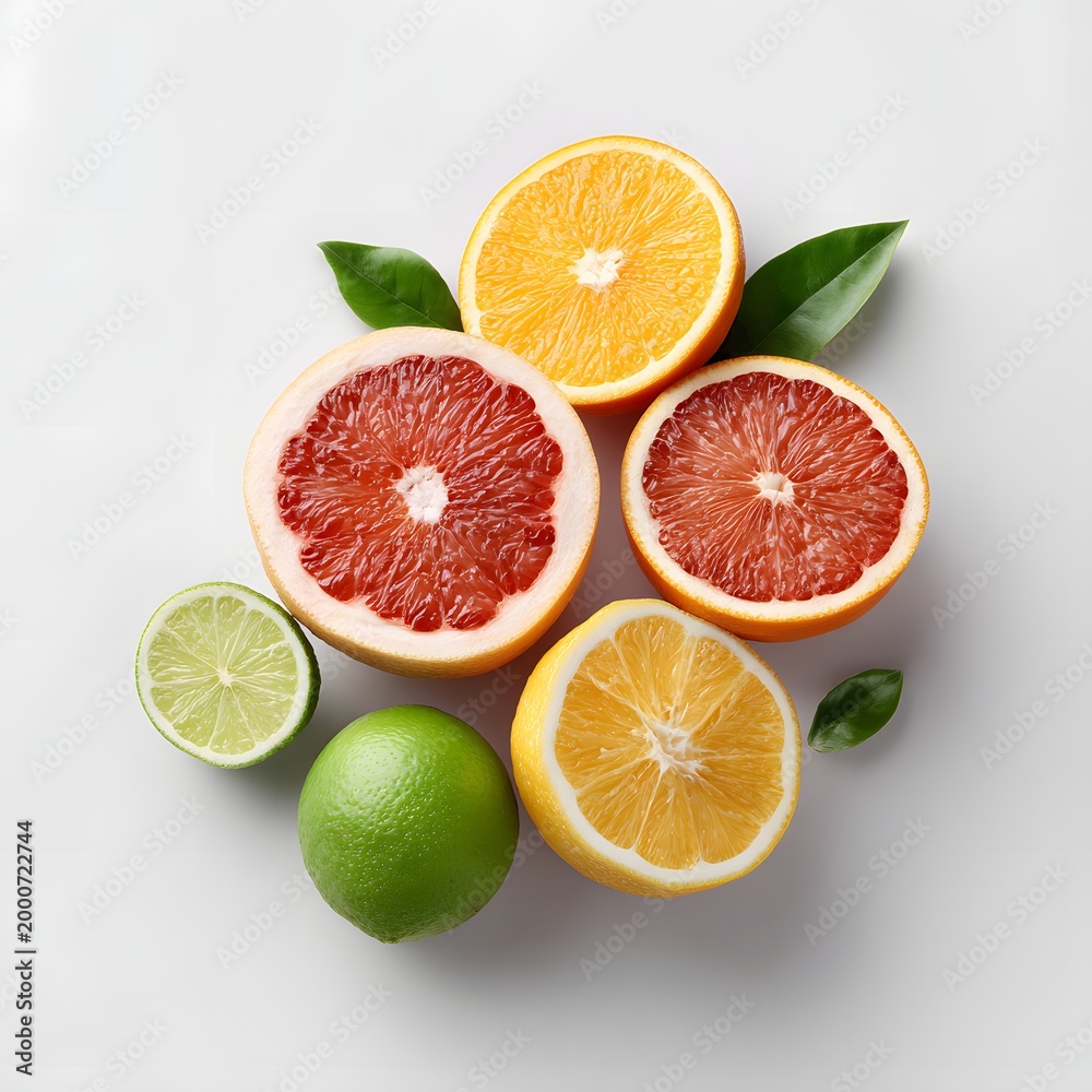 Fototapeta premium Assortment of citrus fruits including oranges grapefruit limes sliced and whole
