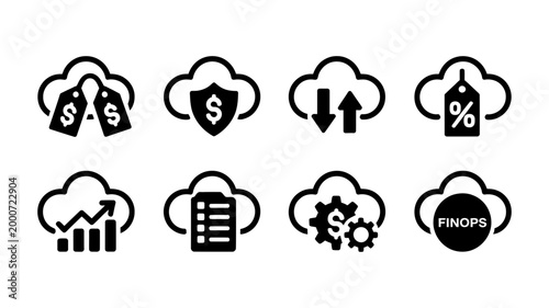 Cloud computing icons: finance security data growth list gear fin ops with computing security download