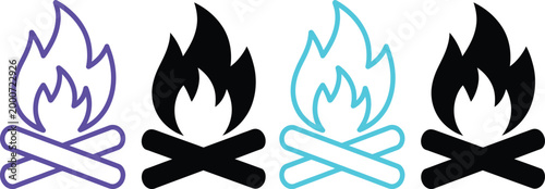 Four stylized campfire illustrations with different colored flames and logs