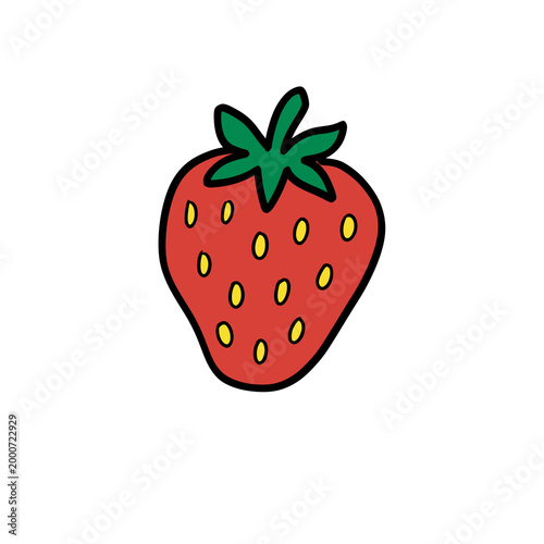 Colorful strawberry illustration with bold black outline and hand-drawn style. A vibrant fruit icon featuring rich red tones and green leaves, isolated on transparent background (PNG). 