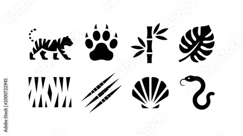 Jungle icons: tiger paw print bamboo leaf sun rays claws shell snake with wildlife footprint seashell