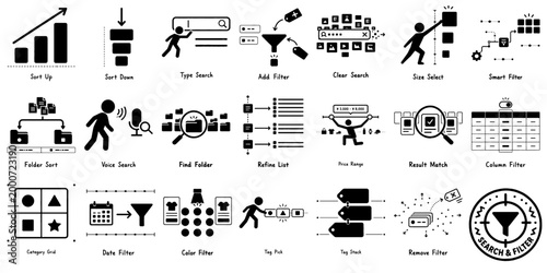 データ検索とフィルター機能のアイコン集（UI操作・分類・タグ管理）、Data Search and Filter Icon Set for UI Operations and Tag Management