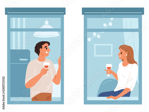 Young man and woman who are neighbors drink wine and talk. Romantic encounter or introduction. People in apartments. Housemates communication. Couple sitting at windowsill. Vector concept