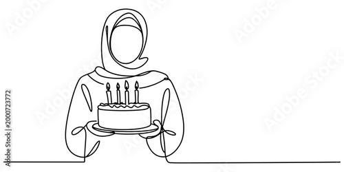 Continuous line drawing of a woman wearing a hijab holding a birthday cake with candles for a celebration or party event