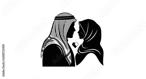 Silhouette of a couple in traditional Arab attire, facing each other.