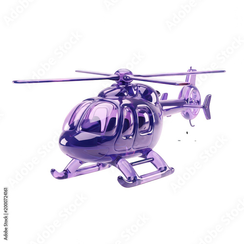 Purple translucent glass helicopter illustration, 3d crystal aircraft model, glossy violet plastic toy helicopter isolated on white background
