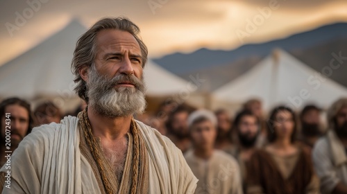 Moses addresses Israel outside the Tabernacle at sunset, his aged authority and the silent assembly revealing covenant duty, unity, and moral resolve.
