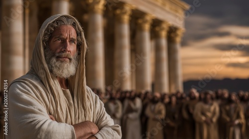 Moses addresses Israel outside the Tabernacle at sunset, his aged authority and the silent assembly revealing covenant duty, unity, and moral resolve.

