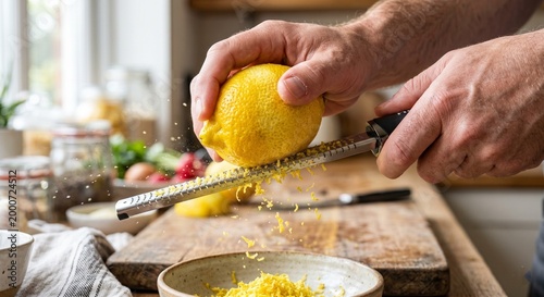 Macro shot of hands zesting a fresh yellow lemon with a microplane grater in a bright kitchen.