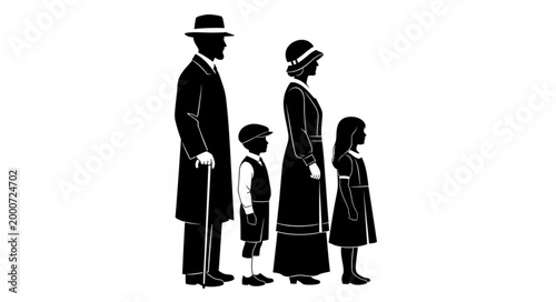 Silhouette of a family standing together in vintage clothing, side view.