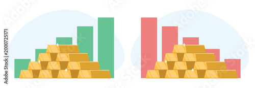 Gold bars with rising and falling price charts. Investing in golden metal. Financial growth or crisis. Finance investment success or failure. Decrease and increase graph. Vector concept