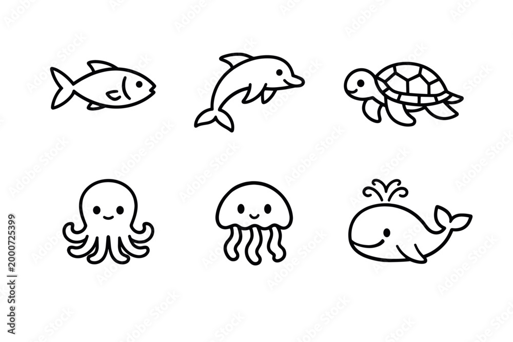 Fototapeta premium Minimal Sea Animals Outline Icon Set with Marine Life Symbols