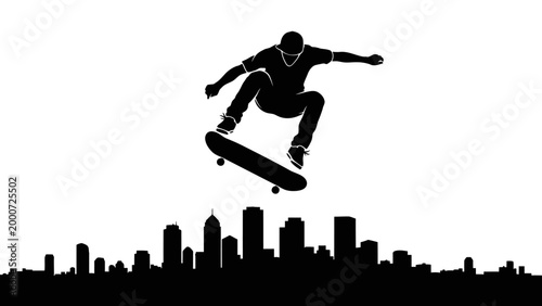Skateboarder silhouette performing trick over city skyline at sunset