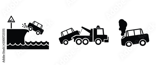 Car Accident Icon Set – Vehicle Collision, Crash & Road Safety Vector Collection