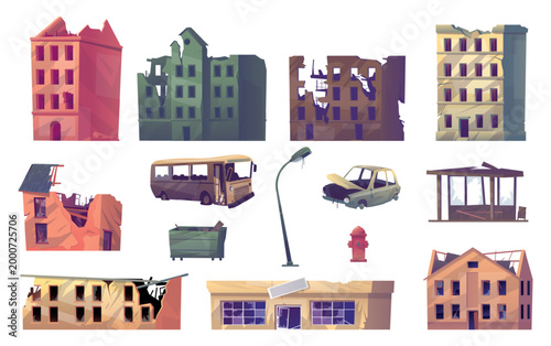 Damaged urban structures. Destroyed buildings. Broken cars and buses. Smashed streetlights. Dilapidated dwelling. Post apocalyptic urban landscape after disaster elements vector set