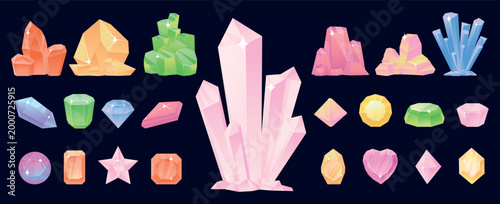 Crystals and precious stones. Brilliant quartz. Jewel minerals. Shiny diamonds. Precious sapphires and rubies. Expensive stalagmites. Delicate crystalline. Natural gemstones vector set