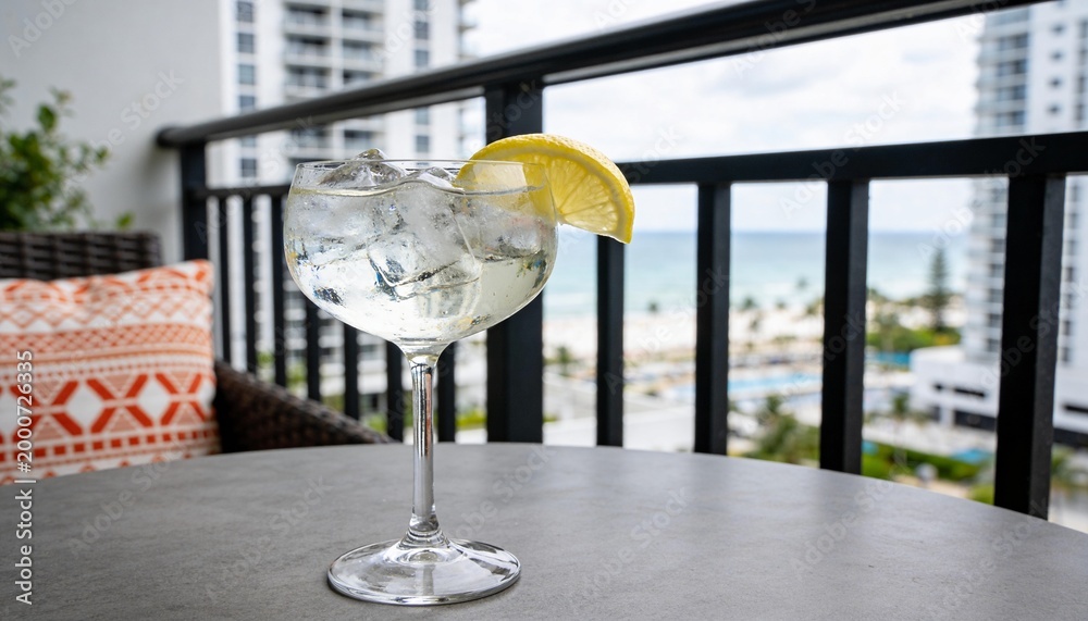 Naklejka premium Gin and tonic cocktail with lemon slice and ice in a balloon glass. Balcony view of a tropical beach and ocean. Luxury resort lifestyle concept. Copy space for text