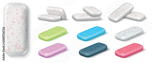 Chewing gum. Realistic multicolored bubblegum. Chewy products in various flavors. Fresh breath. Dental and oral hygiene. Tooth whitening pads. Vector refreshing pillow fresheners set