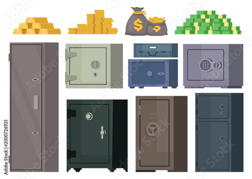 Cash and bank vaults. Safe deposit boxes for coins and precious metal bars, banknotes bundles. Safeboxes for storing valuables with combination locks. Finance storage containers vector set