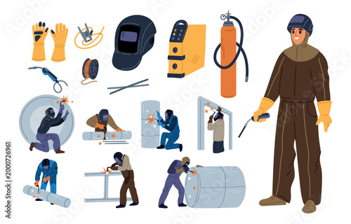 Cartoon welders at work. Men in protective masks welding metal. Workman wearing protective gear. Safety uniform. Steel pipes connection. Industrial metalworking. Vector elements set