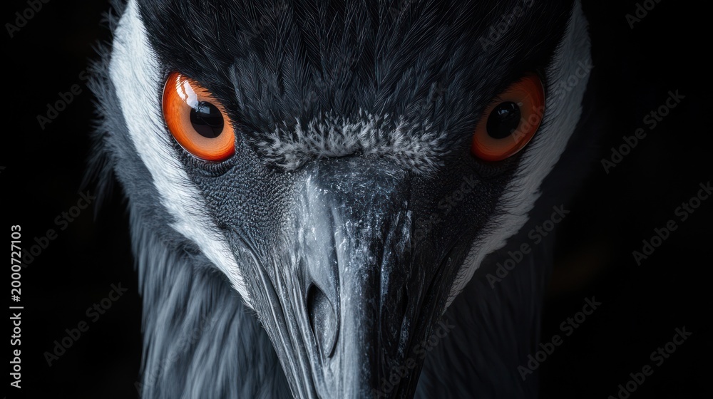 Fototapeta premium Close-up crane head, intense eyes, dark background, nature wildlife
