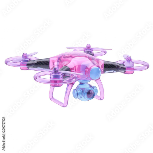 Futuristic pink drone with camera, transparent purple quadcopter illustration, modern aerial photography drone isolated on white background