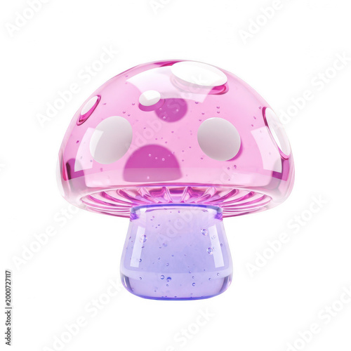 Glossy 3D mushroom illustration, pink glass toadstool with white spots, whimsical fantasy fungi icon for gaming and creative design