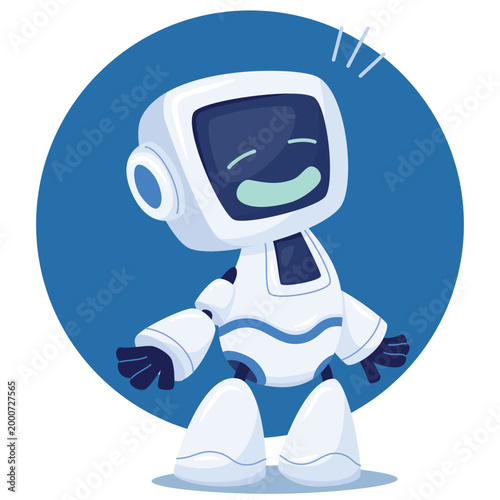A cute, white cartoon android character with a screen for a face. robot smiles shyly, is embarrassed