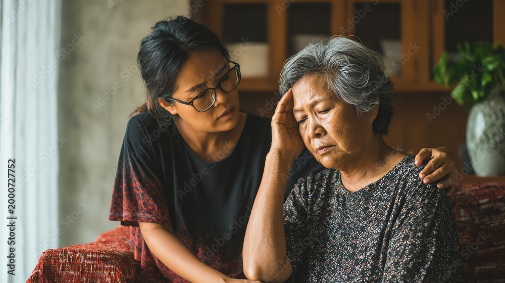Fototapeta premium A young woman comforts her elder relative, showcasing the bond and challenges of caregiving and emotional support.