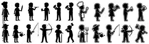 Collection of diverse children silhouettes engaged in various activities including cooking farming fishing and archery presented as flat icons professions playful creative