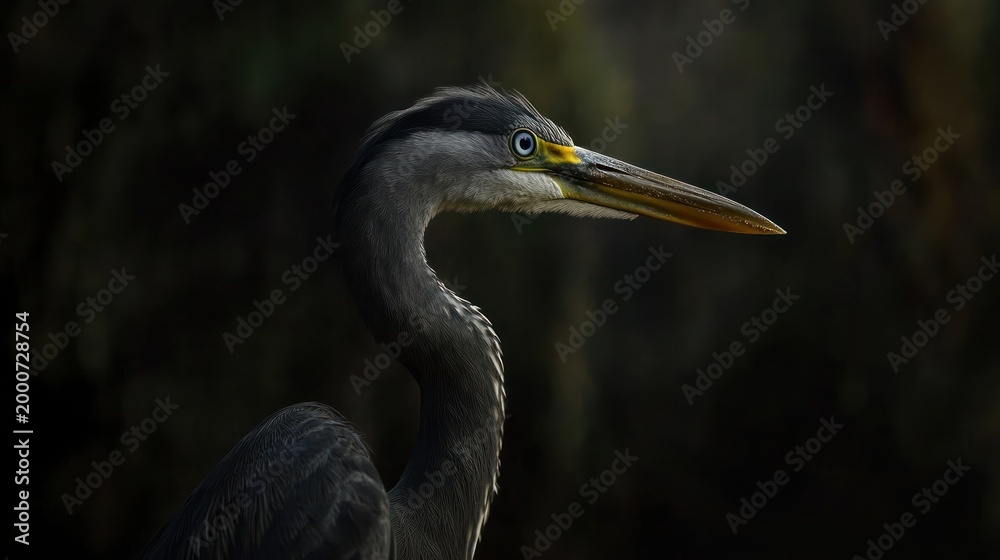 Fototapeta premium Grey Heron Profile in Dark Background