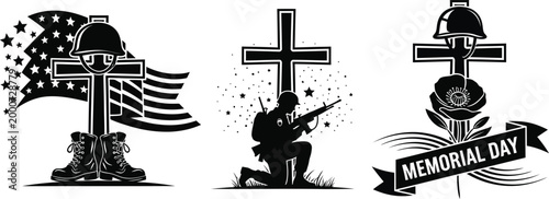 memorial day symbols with cross helmet boots and soldier silhouette