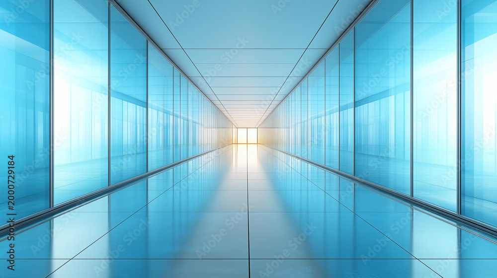 Obraz premium Modern futuristic hallway with blue glass walls and bright light